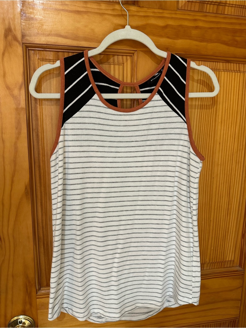 Striped White & Black Tank Top with Rust Trim